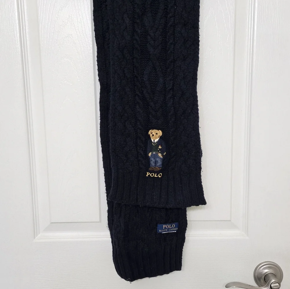 Polo Ralph Lauren Aran St. Andrew Bear Scarf Embroidered Navy Blue Cable Knit